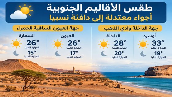 طقس الأقاليم الجنوبية.. 26 درجة بالسمارة والعيون وارتفاع الحرارة إلى 33 درجة بأوسرد